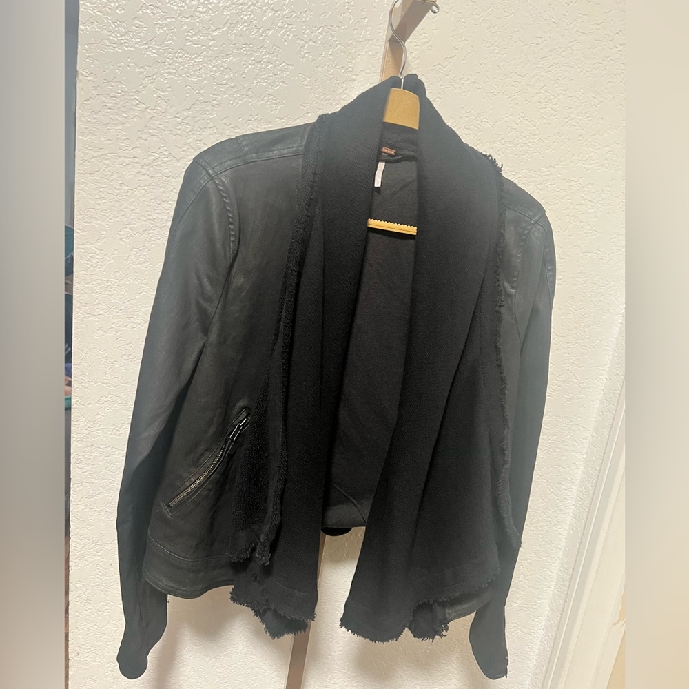 Free People Drape Front Coated Waxed Denim Moto Jacket Black Zip Cuffs size 10